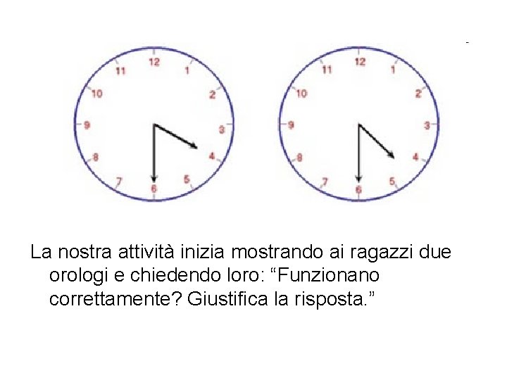 La nostra attività inizia mostrando ai ragazzi due orologi e chiedendo loro: “Funzionano correttamente?
