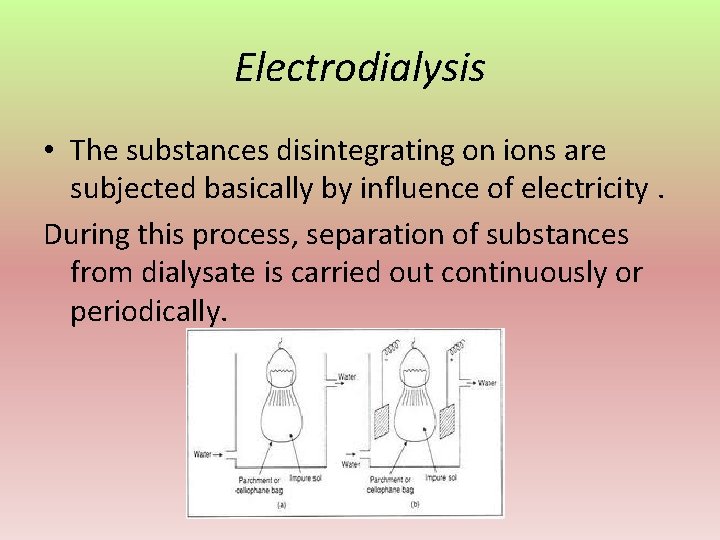 Electrodialysis • The substances disintegrating on ions are subjected basically by influence of electricity.