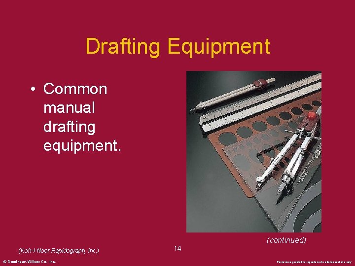 Drafting Equipment • Common manual drafting equipment. (continued) (Koh-I-Noor Rapidograph, Inc. ) © Goodheart-Willcox