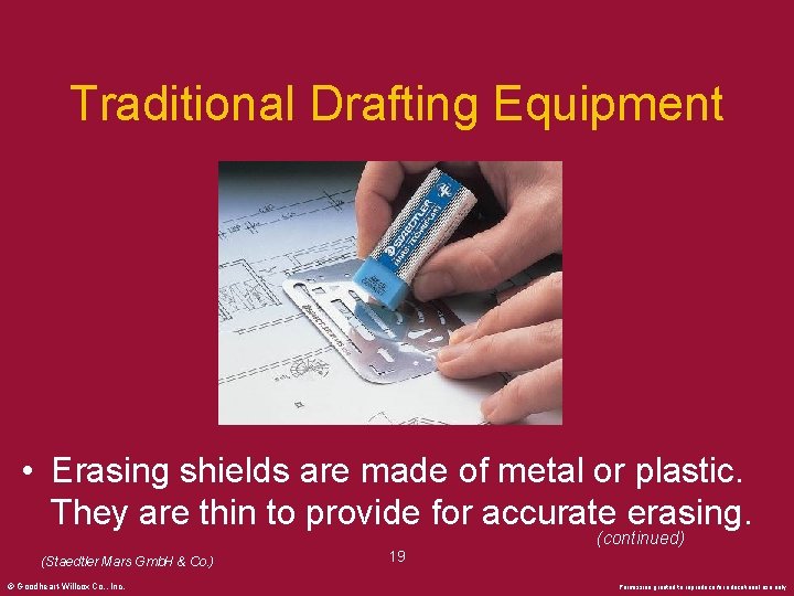 Traditional Drafting Equipment • Erasing shields are made of metal or plastic. They are