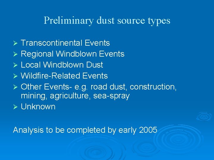 Preliminary dust source types Transcontinental Events Ø Regional Windblown Events Ø Local Windblown Dust