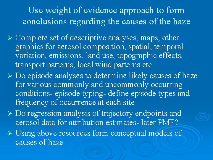 Use weight of evidence approach to form conclusions regarding the causes of the haze
