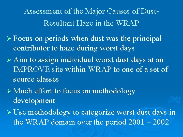 Assessment of the Major Causes of Dust. Resultant Haze in the WRAP Ø Focus