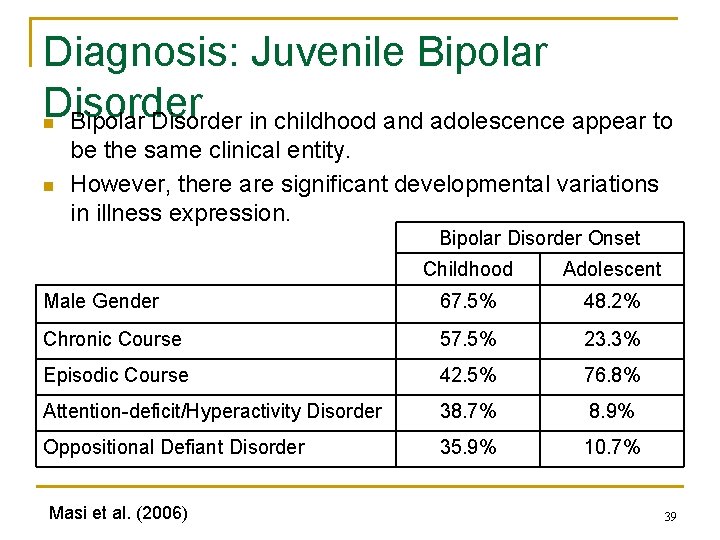 Diagnosis: Juvenile Bipolar Disorder in childhood and adolescence appear to n n be the