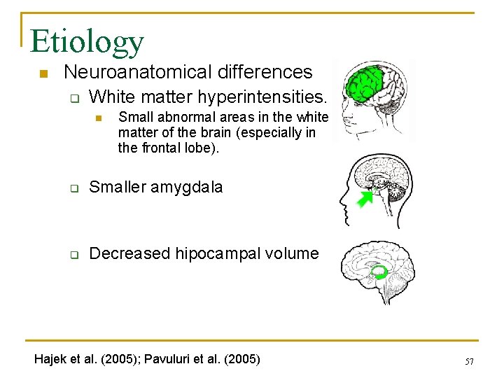 Etiology n Neuroanatomical differences q White matter hyperintensities. n Small abnormal areas in the