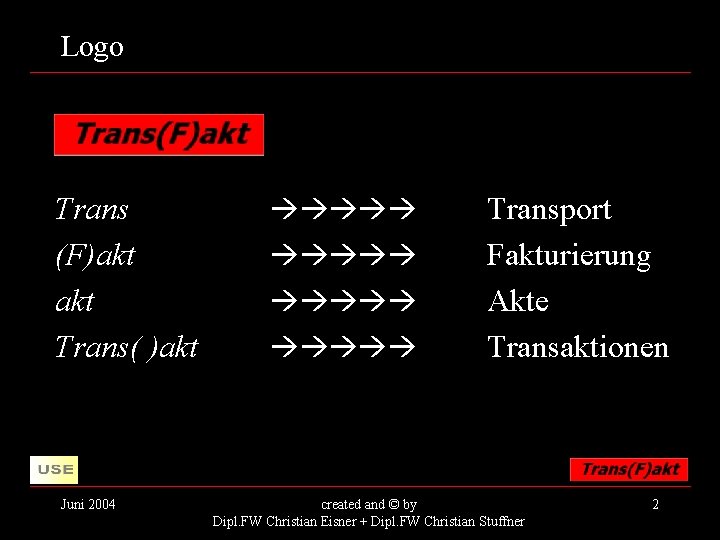 Logo Trans (F)akt Trans( )akt Juni 2004 Transport Fakturierung Akte Transaktionen created and ©