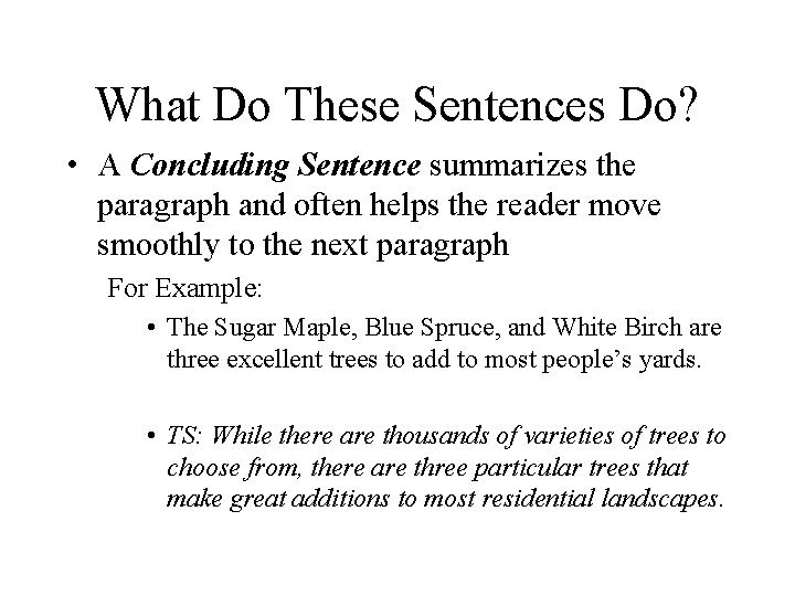 What Do These Sentences Do? • A Concluding Sentence summarizes the paragraph and often