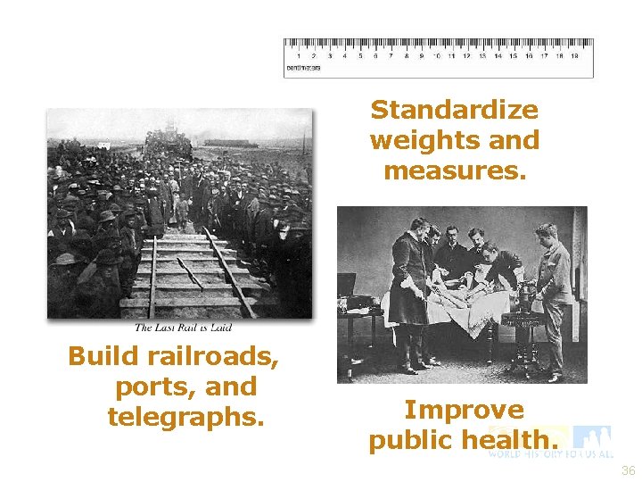 Standardize weights and measures. Build railroads, ports, and telegraphs. Improve public health. 36 