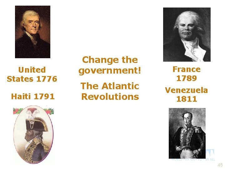 United States 1776 Haiti 1791 Change the government! The Atlantic Revolutions France 1789 Venezuela