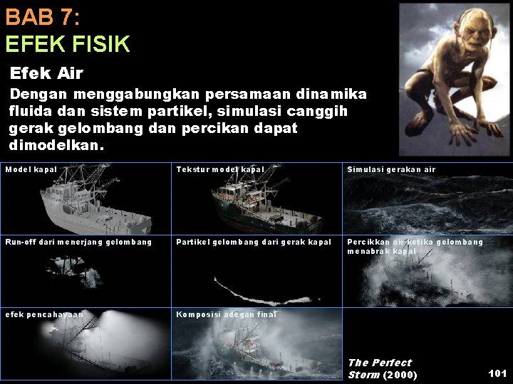 BAB 7: EFEK FISIK Efek Air Dengan menggabungkan persamaan dinamika fluida dan sistem partikel,