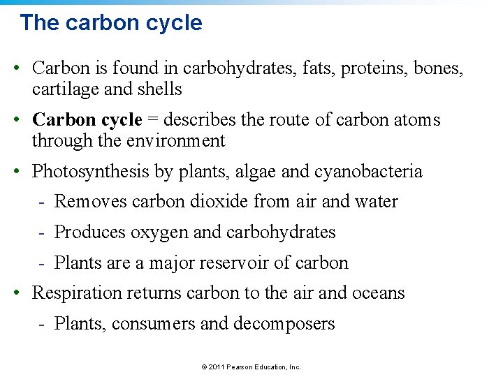 The carbon cycle • Carbon is found in carbohydrates, fats, proteins, bones, cartilage and