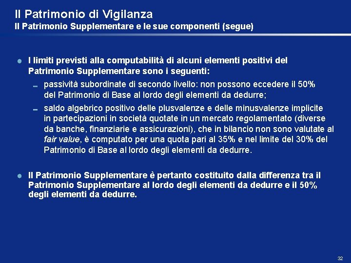 Il Patrimonio di Vigilanza Il Patrimonio Supplementare e le sue componenti (segue) I limiti