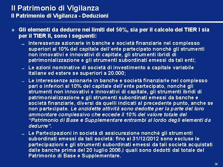 Il Patrimonio di Vigilanza - Deduzioni Gli elementi da dedurre nei limiti del 50%,