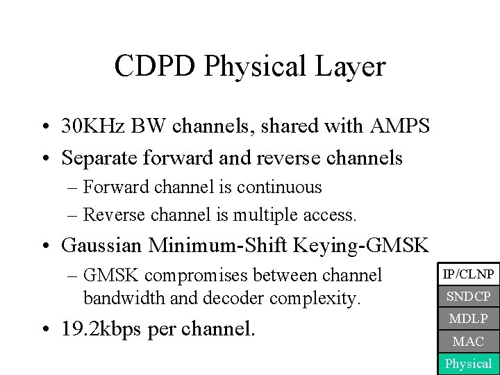CDPD Physical Layer • 30 KHz BW channels, shared with AMPS • Separate forward