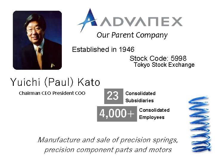 Our Parent Company Established in 1946 Stock Code: 5998 Tokyo Stock Exchange Yuichi (Paul)