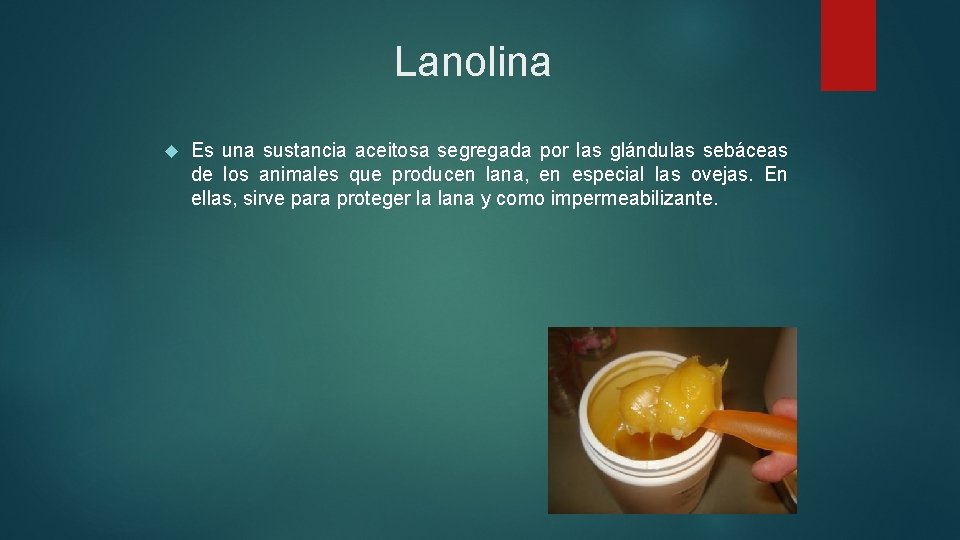 Lanolina Es una sustancia aceitosa segregada por las glándulas sebáceas de los animales que