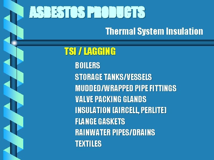 ASBESTOS PRODUCTS Thermal System Insulation TSI / LAGGING BOILERS STORAGE TANKS/VESSELS MUDDED/WRAPPED PIPE FITTINGS