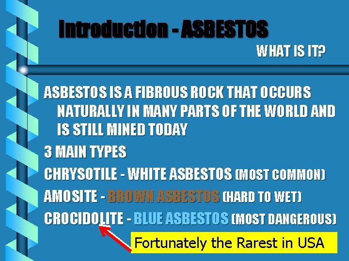 Introduction - ASBESTOS WHAT IS IT? ASBESTOS IS A FIBROUS ROCK THAT OCCURS NATURALLY