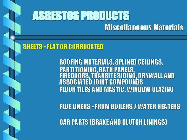 ASBESTOS PRODUCTS Miscellaneous Materials SHEETS - FLAT OR CORRUGATED ROOFING MATERIALS, SPLINED CEILINGS, PARTITIONING,