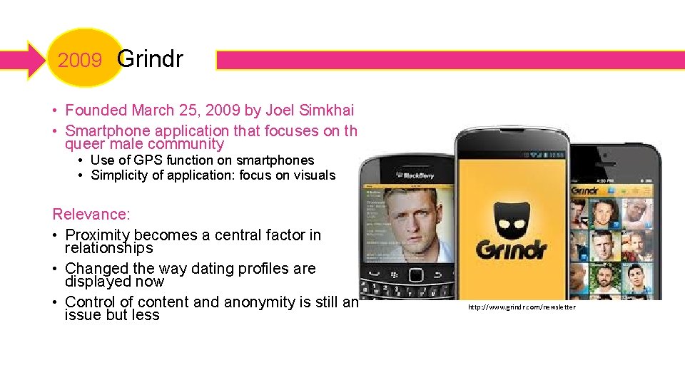  2009 Grindr • Founded March 25, 2009 by Joel Simkhai • Smartphone application
