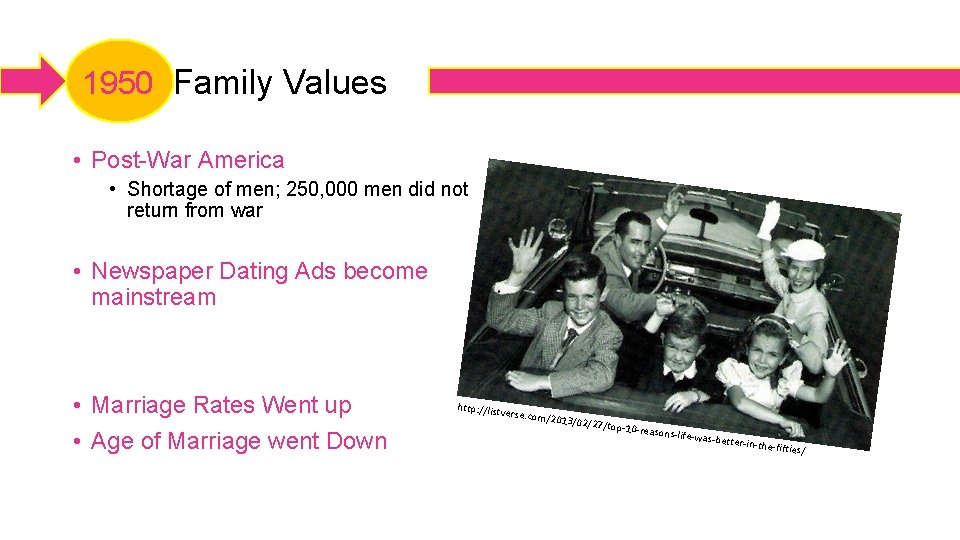  1950 Family Values • Post-War America • Shortage of men; 250, 000 men