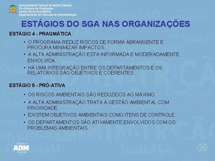 ESTÁGIOS DO SGA NAS ORGANIZAÇÕES ESTÁGIO 4 - PRAGMÁTICA • O PROGRAMA REDUZ RISCOS