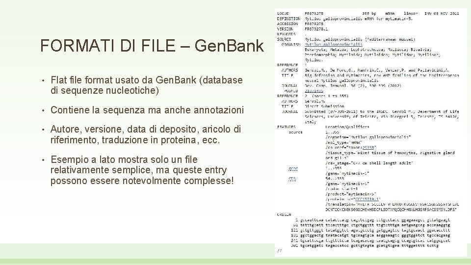 FORMATI DI FILE – Gen. Bank • Flat file format usato da Gen. Bank