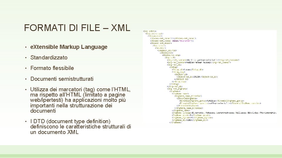 FORMATI DI FILE – XML • e. Xtensible Markup Language • Standardizzato • Formato