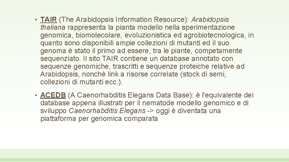  • TAIR (The Arabidopsis Information Resource): Arabidopsis thaliana rappresenta la pianta modello nella