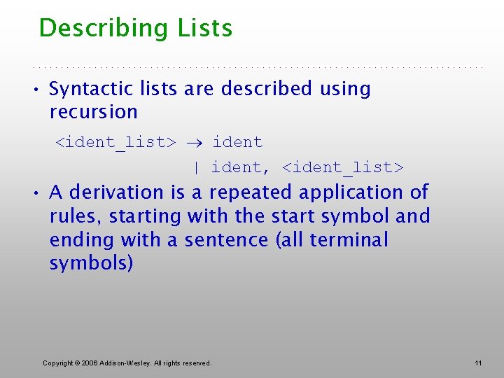 Describing Lists • Syntactic lists are described using recursion <ident_list> ident | ident, <ident_list>