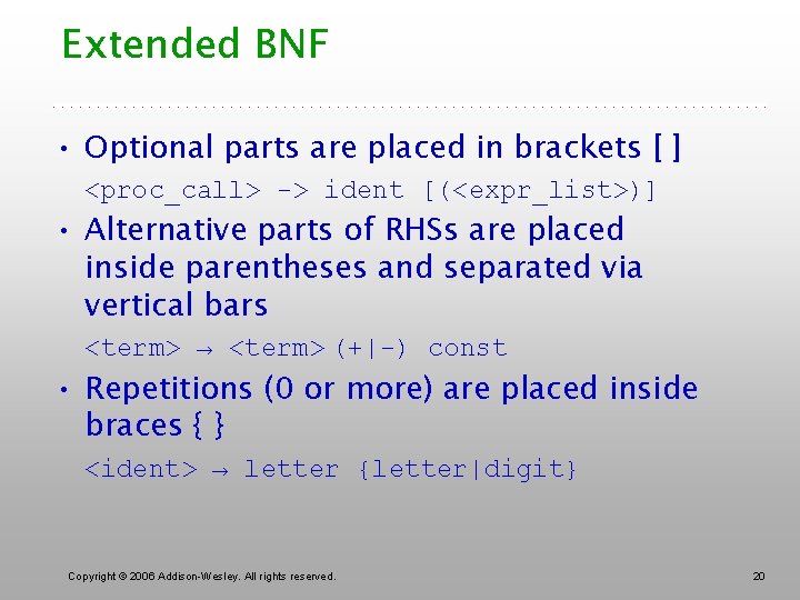 Extended BNF • Optional parts are placed in brackets [ ] <proc_call> -> ident