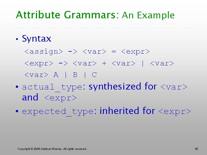 Attribute Grammars: An Example • Syntax <assign> -> <var> = <expr> -> <var> +