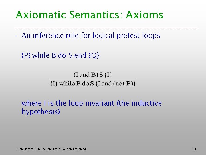 Axiomatic Semantics: Axioms • An inference rule for logical pretest loops {P} while B