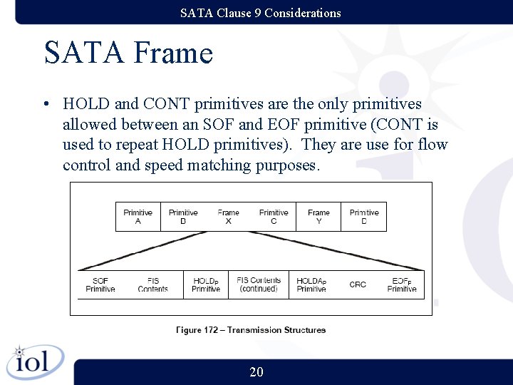 SATA Clause 9 Considerations SATA Frame • HOLD and CONT primitives are the only