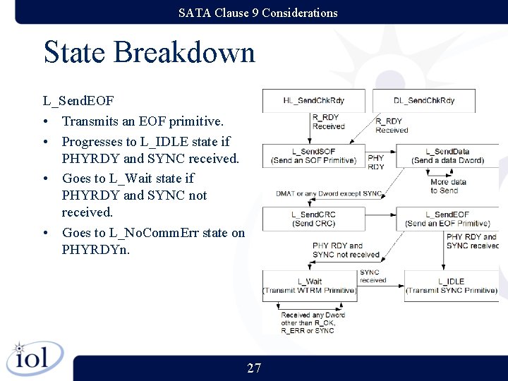 SATA Clause 9 Considerations State Breakdown L_Send. EOF • Transmits an EOF primitive. • SATA Clause 9 Considerations State Breakdown L_Send. EOF • Transmits an EOF primitive. •