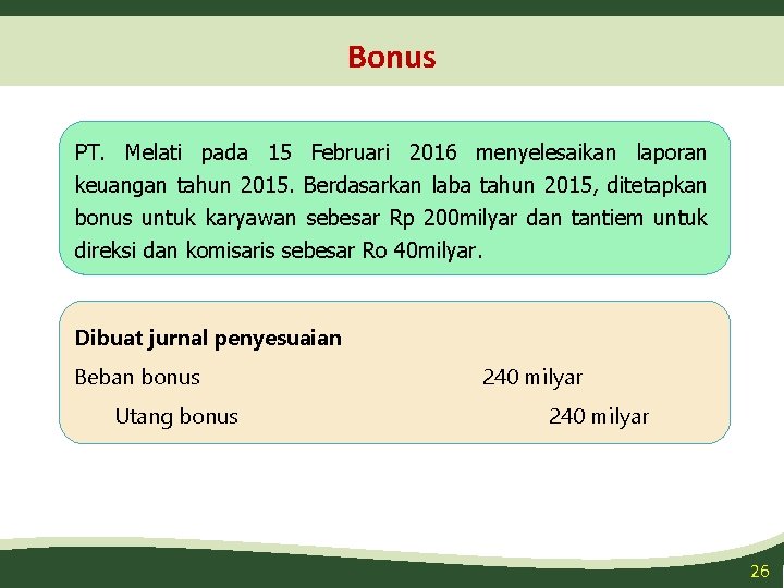 Bonus PT. Melati pada 15 Februari 2016 menyelesaikan laporan keuangan tahun 2015. Berdasarkan laba