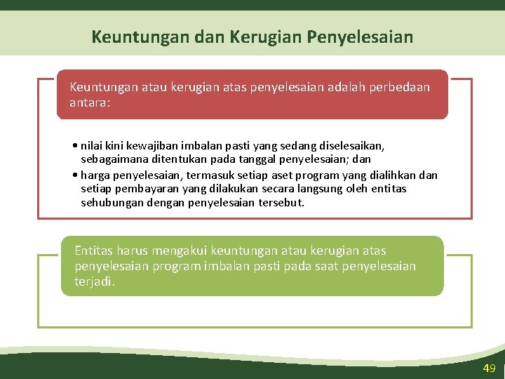 Keuntungan dan Kerugian Penyelesaian Keuntungan atau kerugian atas penyelesaian adalah perbedaan antara: • nilai