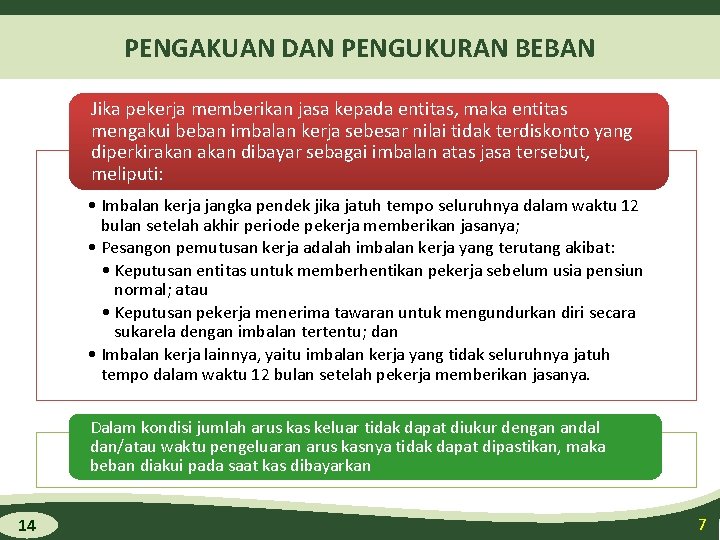 PENGAKUAN DAN PENGUKURAN BEBAN Jika pekerja memberikan jasa kepada entitas, maka entitas mengakui beban