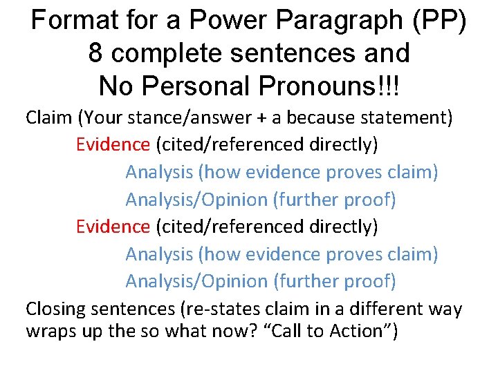 Format for a Power Paragraph (PP) 8 complete sentences and No Personal Pronouns!!! Claim