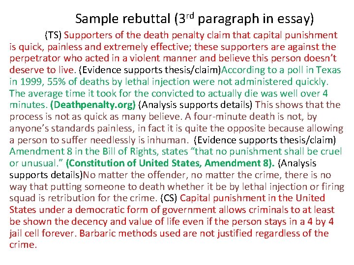 Sample rebuttal (3 rd paragraph in essay) (TS) Supporters of the death penalty claim