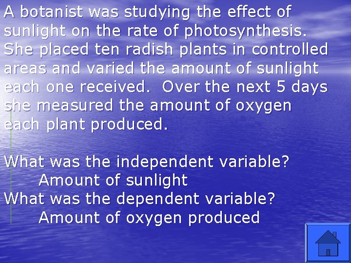 A botanist was studying the effect of sunlight on the rate of photosynthesis. She