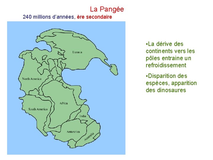 La Pangée 240 millions d’années, ère secondaire • La dérive des continents vers les