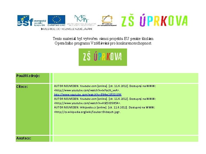 Tento materiál byl vytvořen rámci projektu EU peníze školám Operačního programu Vzdělávání pro konkurenceschopnost