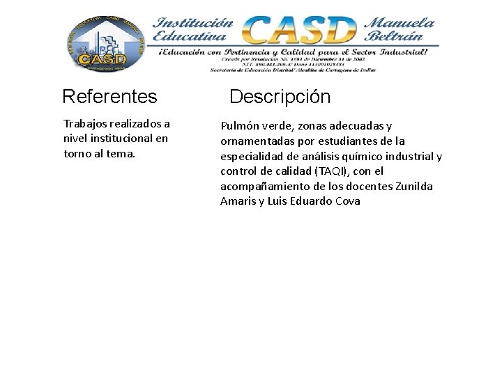 Referentes Trabajos realizados a nivel institucional en torno al tema. Descripción Pulmón verde, zonas