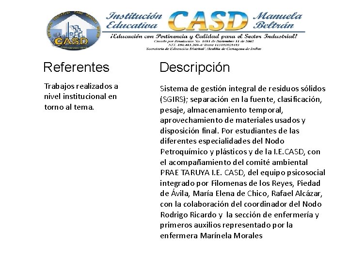 Referentes Trabajos realizados a nivel institucional en torno al tema. Descripción Sistema de gestión