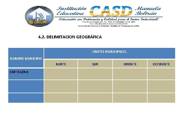 4. 2. DELIMITACION GEOGRÁFICA LIMITES MUNICIPALES. NOMBRE MUNICIPIO NORTE SUR ORIENTE OCCIDENTE CARTAGENA 