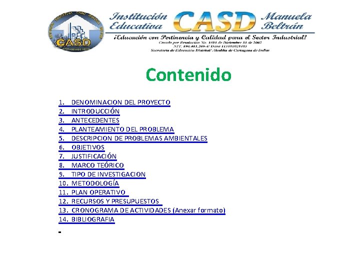 Contenido 1. DENOMINACION DEL PROYECTO 2. INTRODUCCIÓN 3. ANTECEDENTES 4. PLANTEAMIENTO DEL PROBLEMA 5.