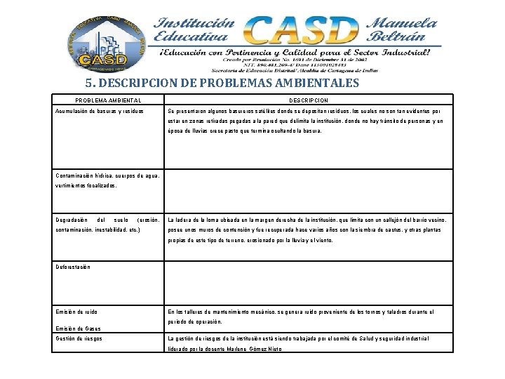  5. DESCRIPCION DE PROBLEMAS AMBIENTALES PROBLEMA AMBIENTAL Acumulación de basuras y residuos DESCRIPCION