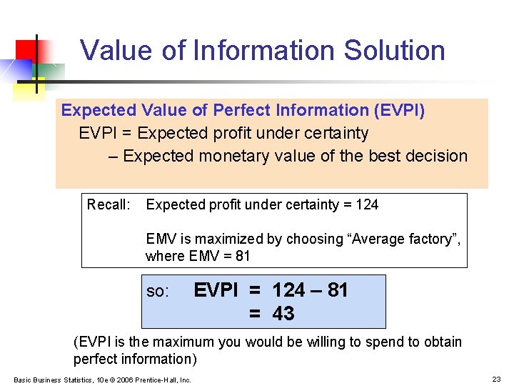 Value of Information Solution Expected Value of Perfect Information (EVPI) EVPI = Expected profit