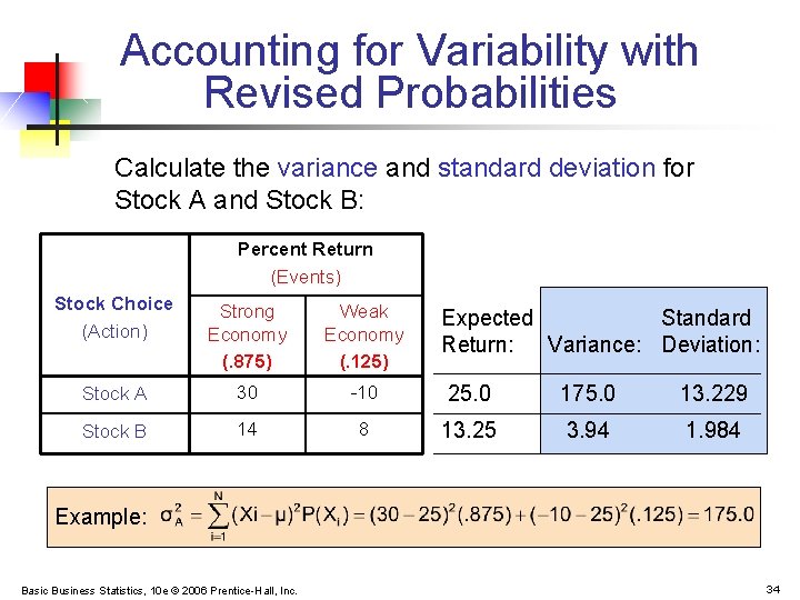 Accounting for Variability with Revised Probabilities Calculate the variance and standard deviation for Stock